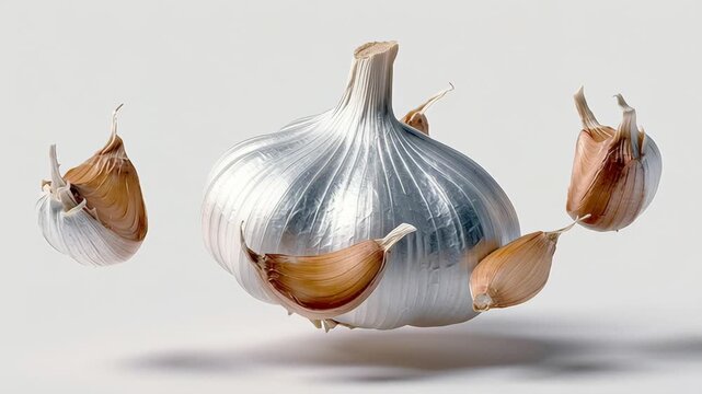Floating garlic bulb surrounded by individual cloves, showcasing dynamic movement and visual appeal, with a smooth transition emphasizing texture and form, ideal for culinary themes