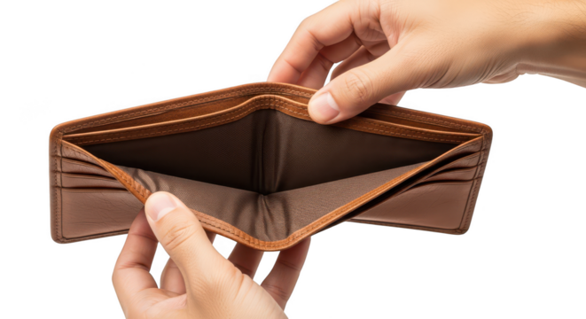 Mans Hands Opening Empty Brown Leather Wallet On Black Background