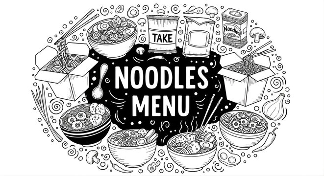 A black and white cartoon drawing of a "NOODLES MENU" surrounded by various noodle dishes and ingredients.
