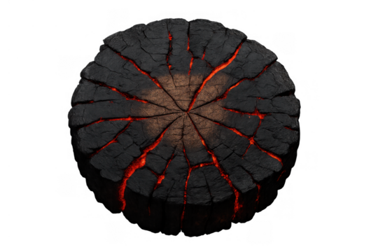 Burning wood log cross-section with glowing red cracks and embers on a transparent background, symbolizing heat and energy