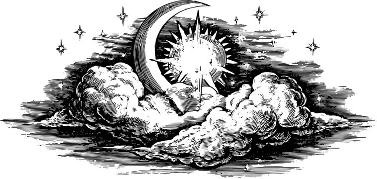Sun and moon with clouds and stars. Vintage vector illustration featuring celestial elements in a detailed line drawing set.