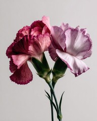 Two Pink And Purple Carnations Close Up On Gray Background