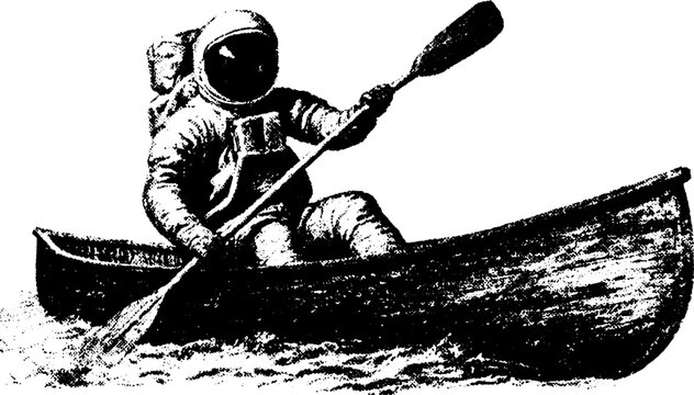 Astronaut in a canoe silhouette. Vintage vector illustration showing a paddle in water with an antique feel.