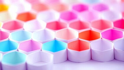A close-up, soft-focus abstract image of many hexagonal shapes in various pastel colors like pink, blue, and orange.
