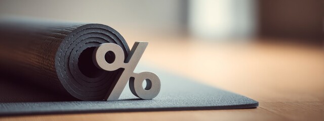 Metallic percent sign on textured gray yoga mat. Concept of wellness, fitness, discounts and financial balance in modern lifestyle. banner 