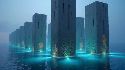 Focus on rough, living texture and ethereal blue glow: Photorealistic 3D rendering of unique coastal infrastructure, with bioluminescent coral-like structures on biomimetic limestone towers.