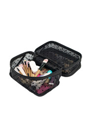 Full open black mesh fabric cosmetic bag with two zippered compartments containing cosmetics and brushes on a white background