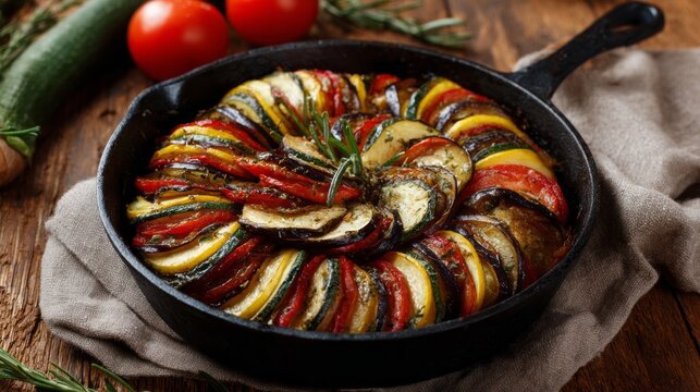 Sliced zucchini, eggplant, and bell peppers arranged beautifully in a cast iron skillet, garnished with fresh herbs, resting on a rustic wooden table