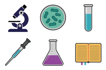 Obraz premium Science education symbols, microscope, test tube, syringe, petri dish, flask, biology chemistry research flat illustration vector.