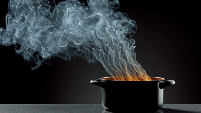 Steam rises dramatically from a black pot, showcasing the cooking process with vibrant flames, as the camera performs a smooth zoom in, capturing the essence of culinary art and warmth