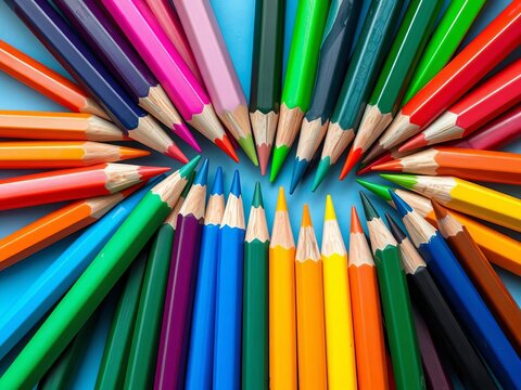 Vibrant, unsharpened colored pencils arranged in a playful spectrum for creative inspiration,  textured,  bundle