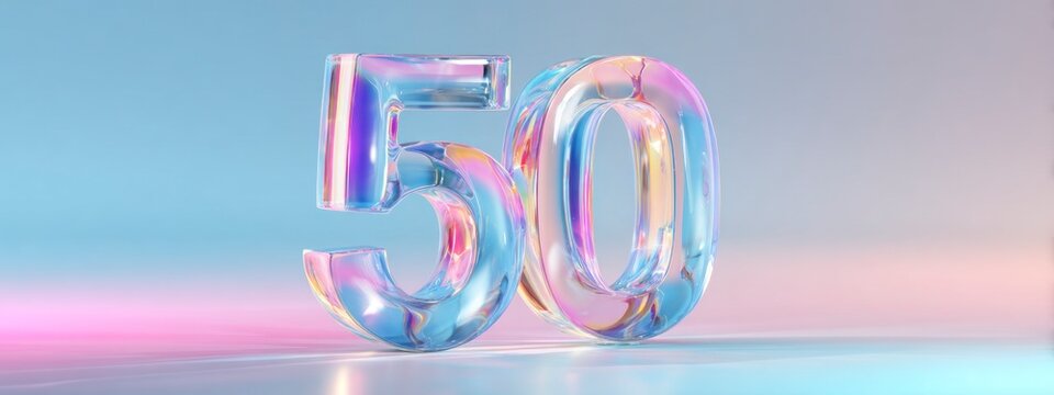 Glass number 50 with vibrant reflections in purple and blue tones, standing on glossy surface. Concept of age, celebration, anniversary, milestone, birthday banner .