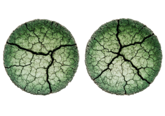 Two cracked green spheres on black