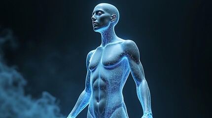 Flawless 3D rendering of a 'Meta-Persona' avatar: Transparent torso revealing bio-luminescent neural pathways, mid-dance, with digital fabric clothing subtly shifting geometric patterns.