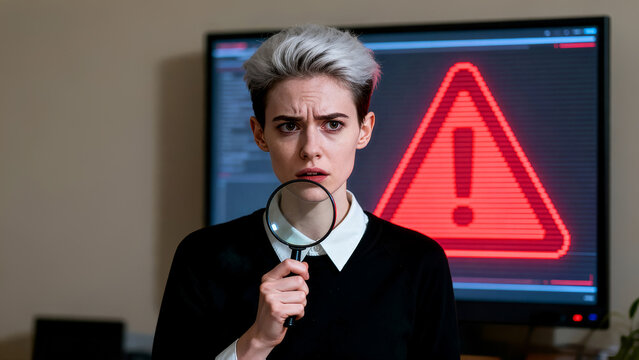 Young woman looking concerned while using magnifying glass to examine a red alert symbol on screen. Sleek office setting with technology backdrop