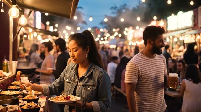 Lively food market atmosphere featuring diverse crowd enjoying outdoor dining, vibrant street food