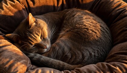 Premium Cinematic Shot of a Calico Cat Sleeping Peacefully in a Dark Cozy Bed