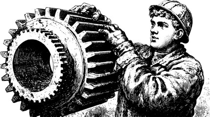 Gear and worker in an antique vector illustration. Hand-drawn industrial set showcasing craftsmanship in a historical context.