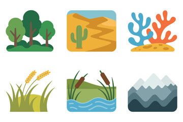 Ecology biomes icons, detailed forest, desert, coral reef, wetland, mountain, environment research flat vector set.