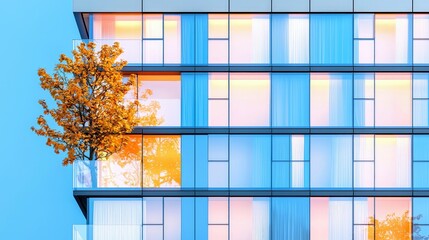 A modern building with a balcony featuring a tree with orange leaves, set against a bright blue sky.
