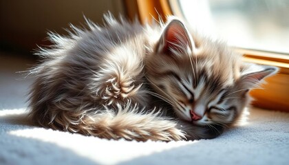 Fluffy grey kitten sleeping curled in a sunbeam,  young,  stock photo