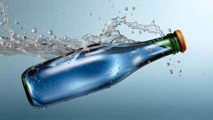 Glass bottle filled with clear water splashes dynamically through the air, showcasing fluid motion and vibrant reflections, captured with a smooth dolly movement emphasizing the action flow - Powered by Adobe