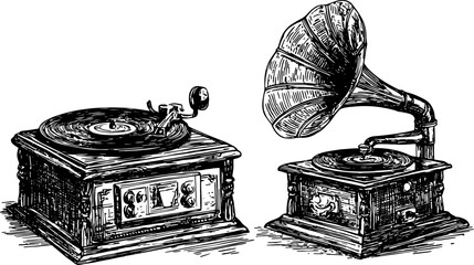 Vintage record players in black and white set illustration. Classic music equipment vector drawing showcasing timeless design and history.