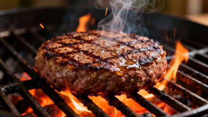 Beef burger cooks on grill over flames, juices dripping and smoke rising in backyard barbecue. Concept of grilling, outdoor cooking, summer events, and food preparation