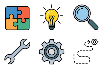 Puzzle solution icons, creative light bulb signal, search magnifier, steel wrench, cogwheel gear, path dots, efficiency, vector