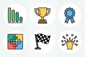 Business awards dashboard, bar chart analytics, golden trophy, blue ribbon medal, puzzle teamwork, racing flag, corporate success vector