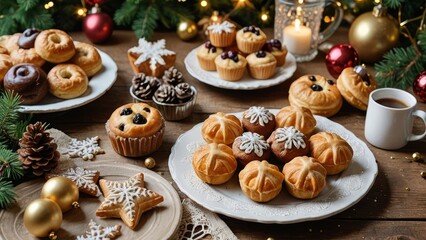 Weihnachtlich gedeckter Tisch mit Geb&auml;ck und Kuchen