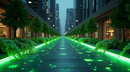 Cinematic, highly detailed 3D rendering of a futuristic city boulevard at midnight: Soft, ambient green light emanates from pavement sections and building planters with glowing photosynthetic algae.