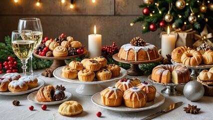 Weihnachtlich gedeckter Tisch mit Geb&auml;ck und Kuchen