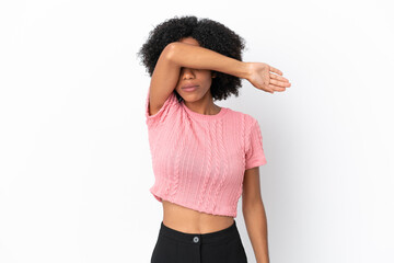 Young African American woman isolated on white background covering eyes by hands