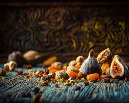 Dried Figs And Nuts On Wooden Table