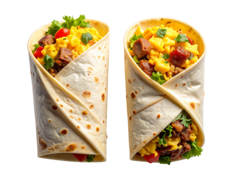 Two-Variation Breakfast Burrito Filled with Eggs and Sausage Collection, isolated on transparent background
