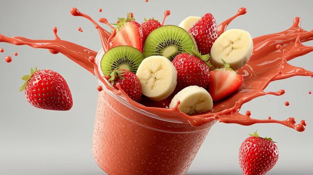 Vibrant fruit explosion captured in a dynamic scene with splashes of juice, showcasing strawberries, bananas, and kiwi in a cup, emphasizing freshness and energy, camera zooms in for detail