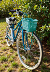 Fototapeta premium Blue bicycle with wicker basket parked in green garden outdoors for International Earth Day 