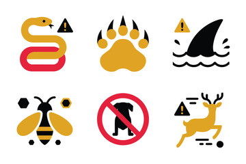 Animal hazard icons set, coiled snake, bear paw track, shark danger, bee caution, no dogs, deer crossing
