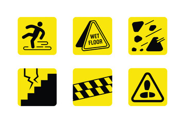 Safety warning tiles collection, running figure alert, wet floor triangle, broken step, hazard stripe banner, caution exclamation