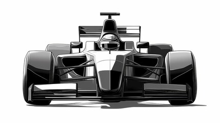 Monochromatic illustration depicts the low front view of a sleek open-wheel racing machine