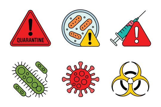 Quarantine warning symbols, bacteria and virus illustrations, petri dish, hazard triangle, medical syringe, bio safety, prevention vector