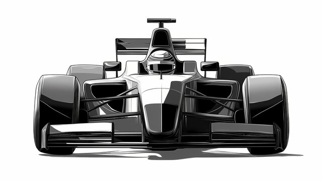 Monochromatic illustration depicts the low front view of a sleek open-wheel racing machine