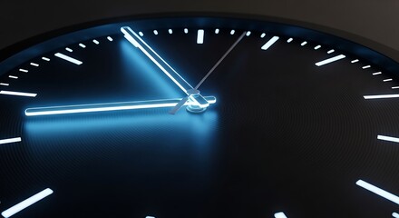 Close-up of a Modern Clock Face with Glowing Blue Hands.