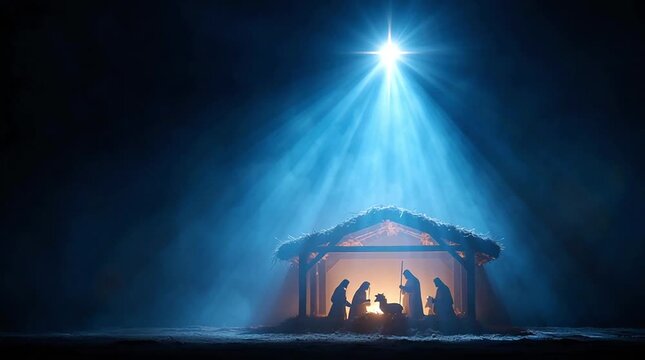 The Christmas star of Bethlehem against the starry night sky, the Nativity of Jesus Christ, the image of Jesus in the manger in the hut, the Nativity scene.The starry sky and the bright star