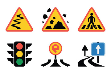 Road warning and guidance icons, uneven surface, hazard triangle, pedestrian crossing sign, traffic lights, roundabout arrows, direction up © RA Studio
