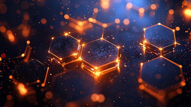 A dark, abstract background with glowing hexagonal shapes connected by lines and illuminated by orange light particles and bokeh effects.