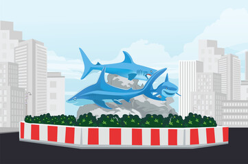 Vector illustration of Dolphin Mor in Cox’s Bazar, Bangladesh, featuring three blue dolphin sculptures on a rocky base surrounded by green bushes and red-white road barriers, set in an urban cityscape © Asif