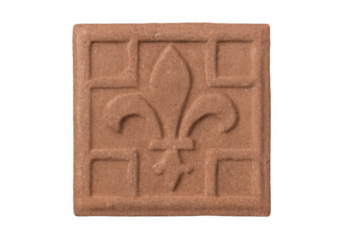 Fleur-de-lis motif tile embossing historical heraldry symbol on rustic terracotta material with transparent background