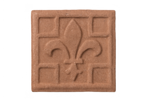 Fleur-de-lis motif tile embossing historical heraldry symbol on rustic terracotta material with transparent background